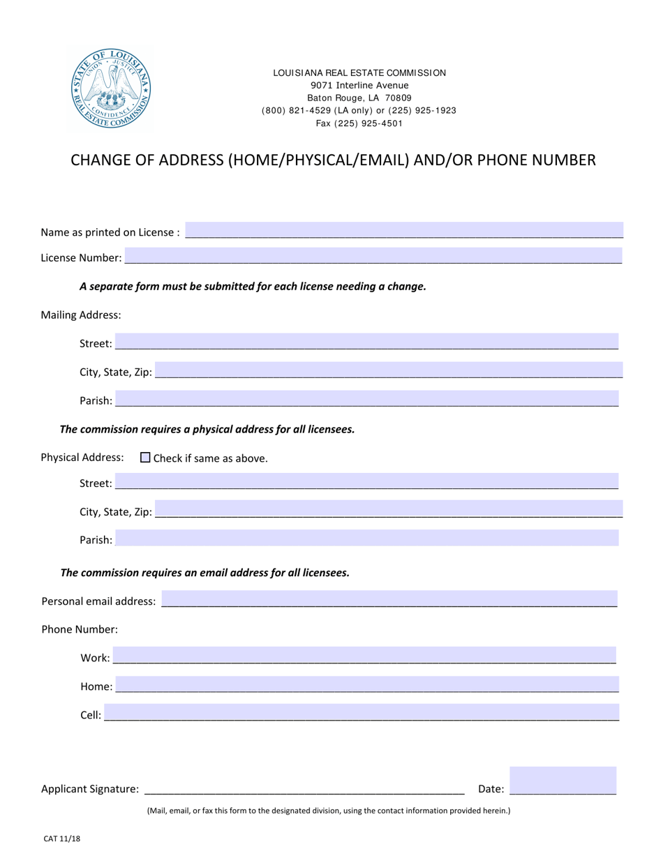 Louisiana Change of Address (Home/Physical/Email) and/or Phone Number