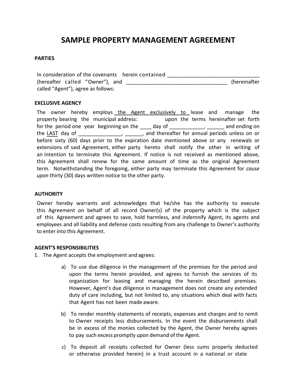Sample Property Management Agreement Form - Louisiana, Page 1