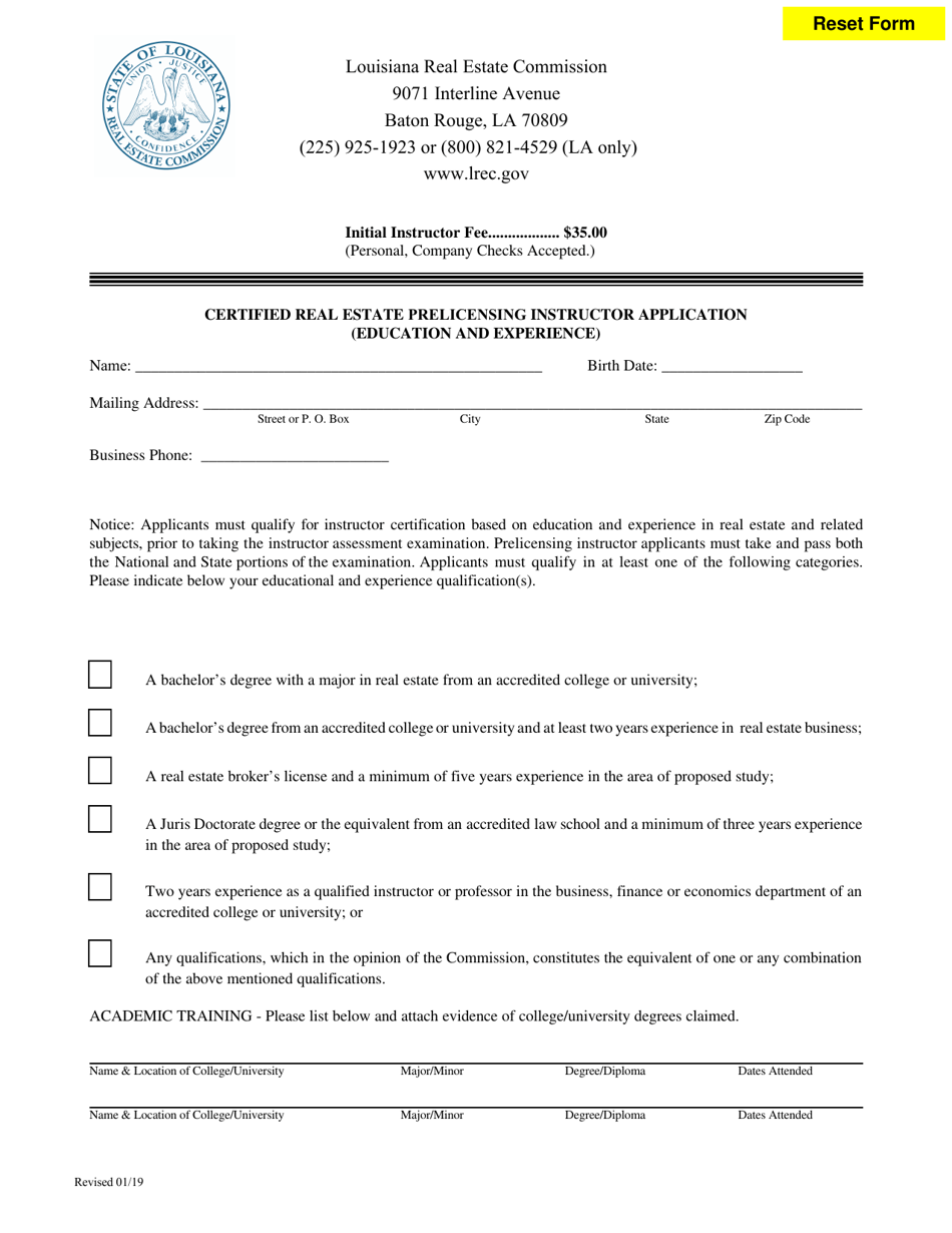 Certified Real Estate Prelicensing Instructor Application Form (Education and Experience) - Louisiana, Page 1