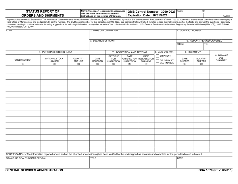 GSA Form 1678 Status Report of Of Orders and Shipments
