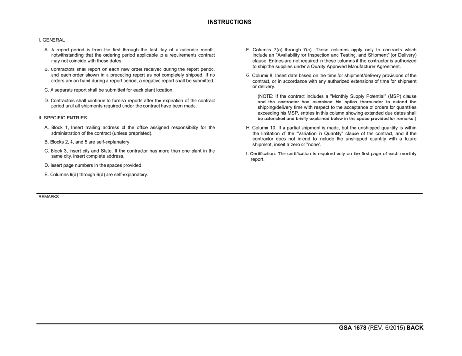GSA Form 1678 Status Report of Of Orders and Shipments, Page 2
