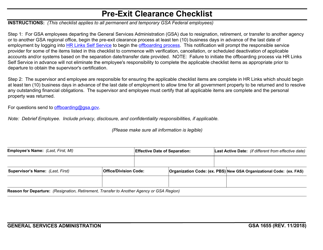 GSA Form 1655 Pre-exit Clearance Checklist
