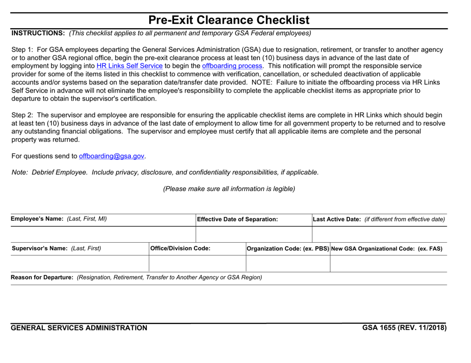 GSA Form 1655 Pre-exit Clearance Checklist, Page 1