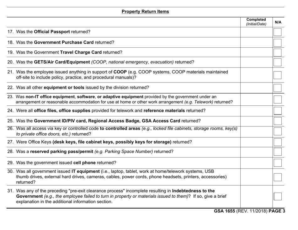 GSA Form 1655 Pre-exit Clearance Checklist, Page 3