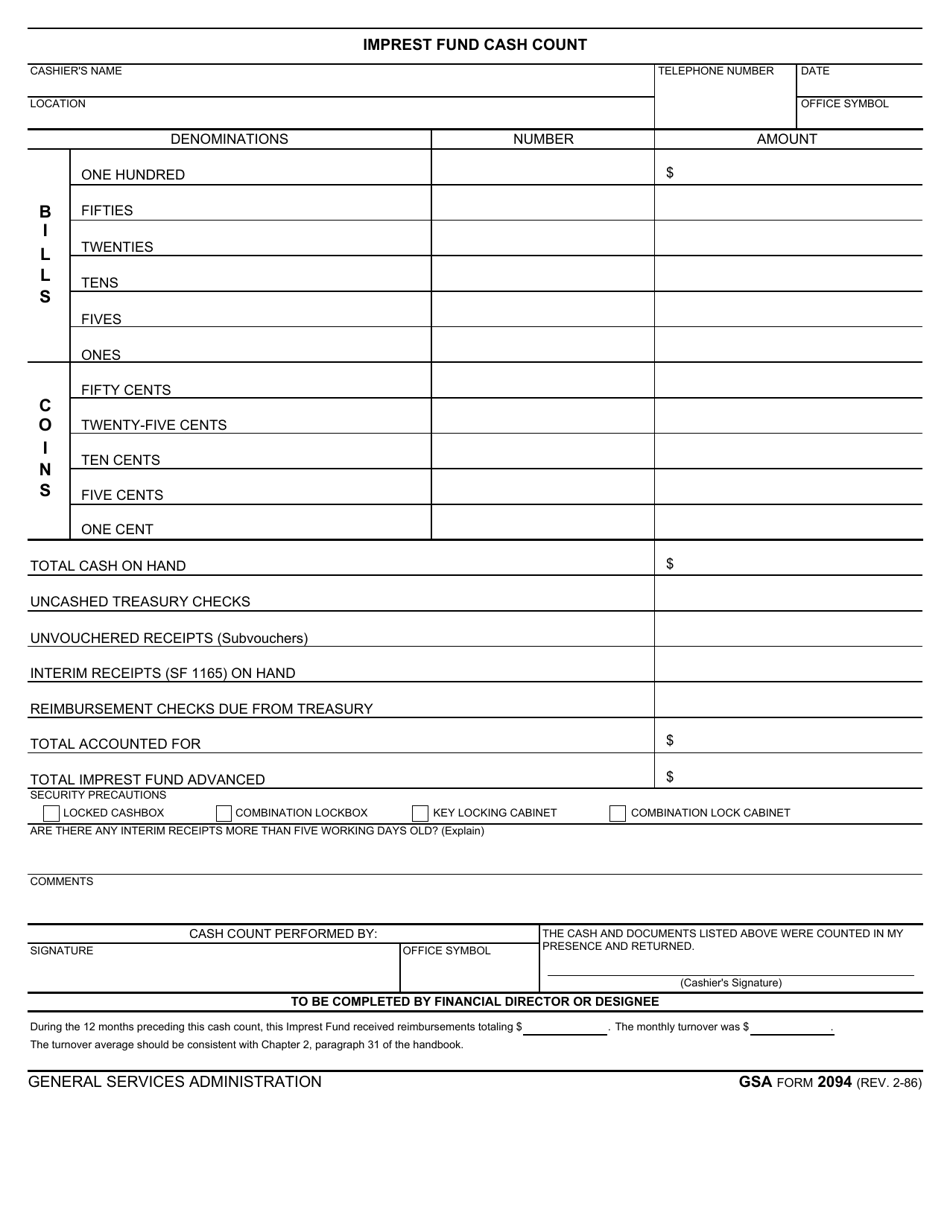 GSA Form 2094 Imprest Fund Cash Count, Page 1