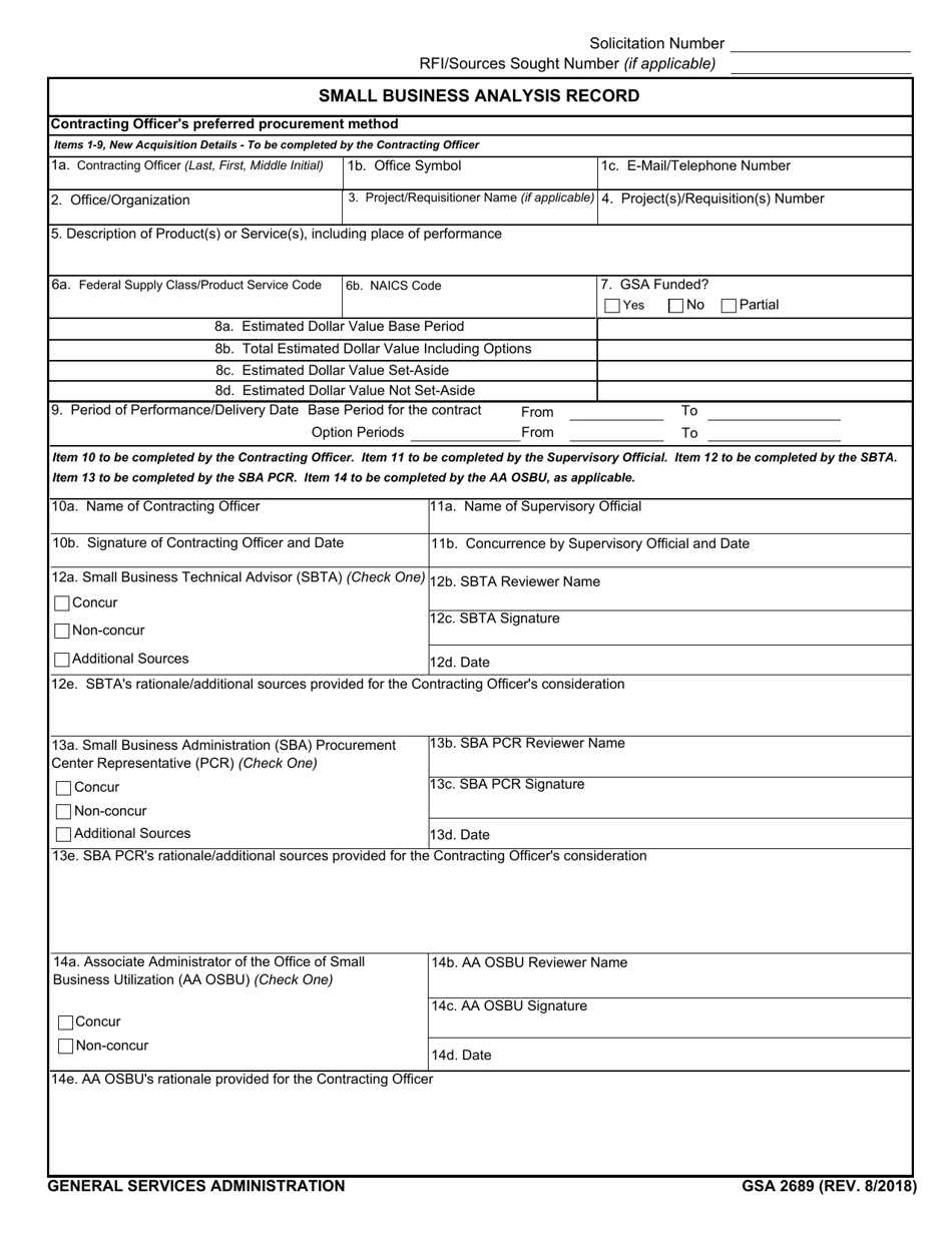 GSA Form 2689 Small Business Analysis Record, Page 1