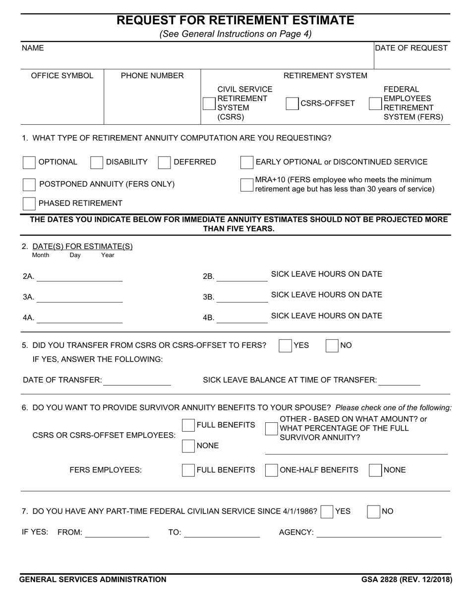 GSA Form 2828 Request for Retirement Estimate, Page 1