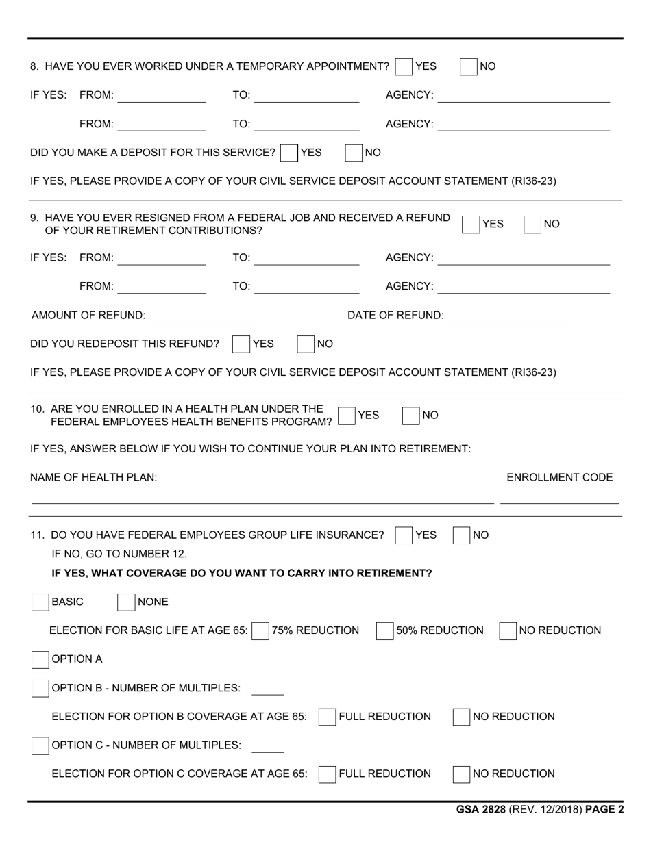 GSA Form 2828 Request for Retirement Estimate, Page 2