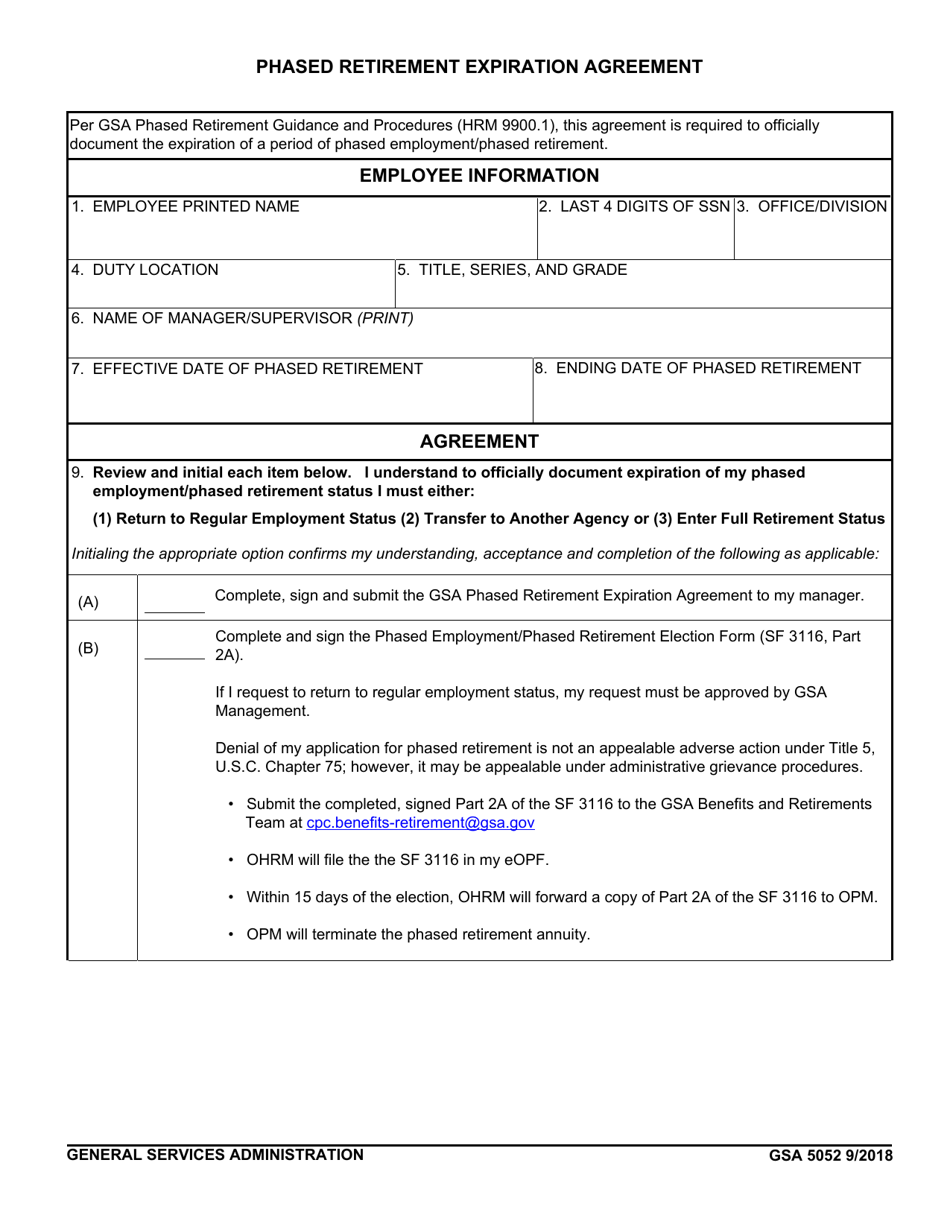 GSA Form 5052 Phased Retirement Expiration Agreement, Page 1