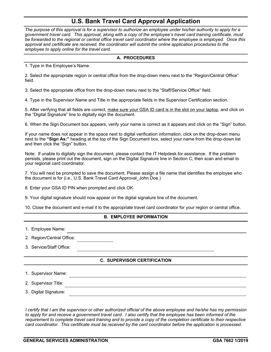 GSA Form 7662 U.S. Bank Travel Card Approval Application, Page 1