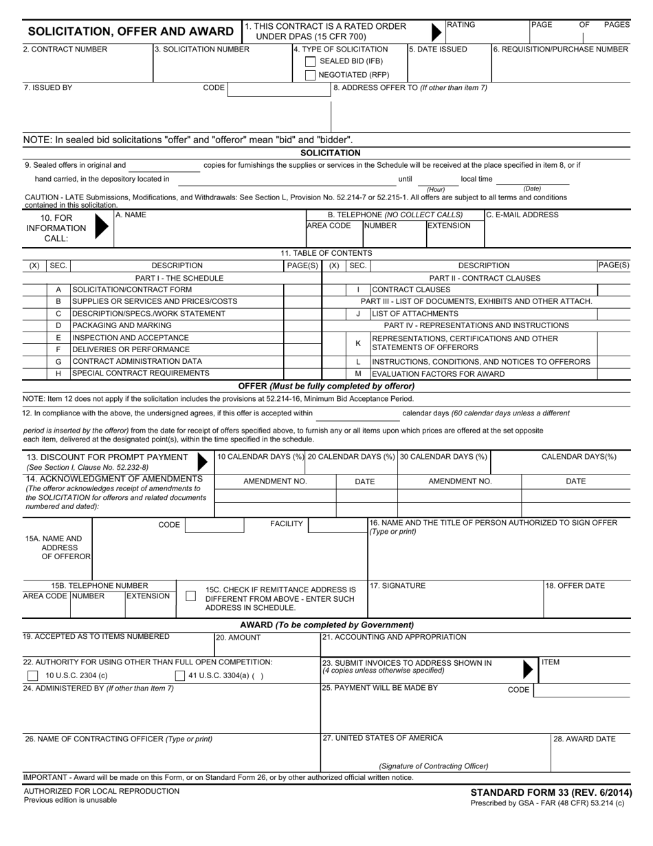 Form SF-33 Solicitation, Offer and Award, Page 1