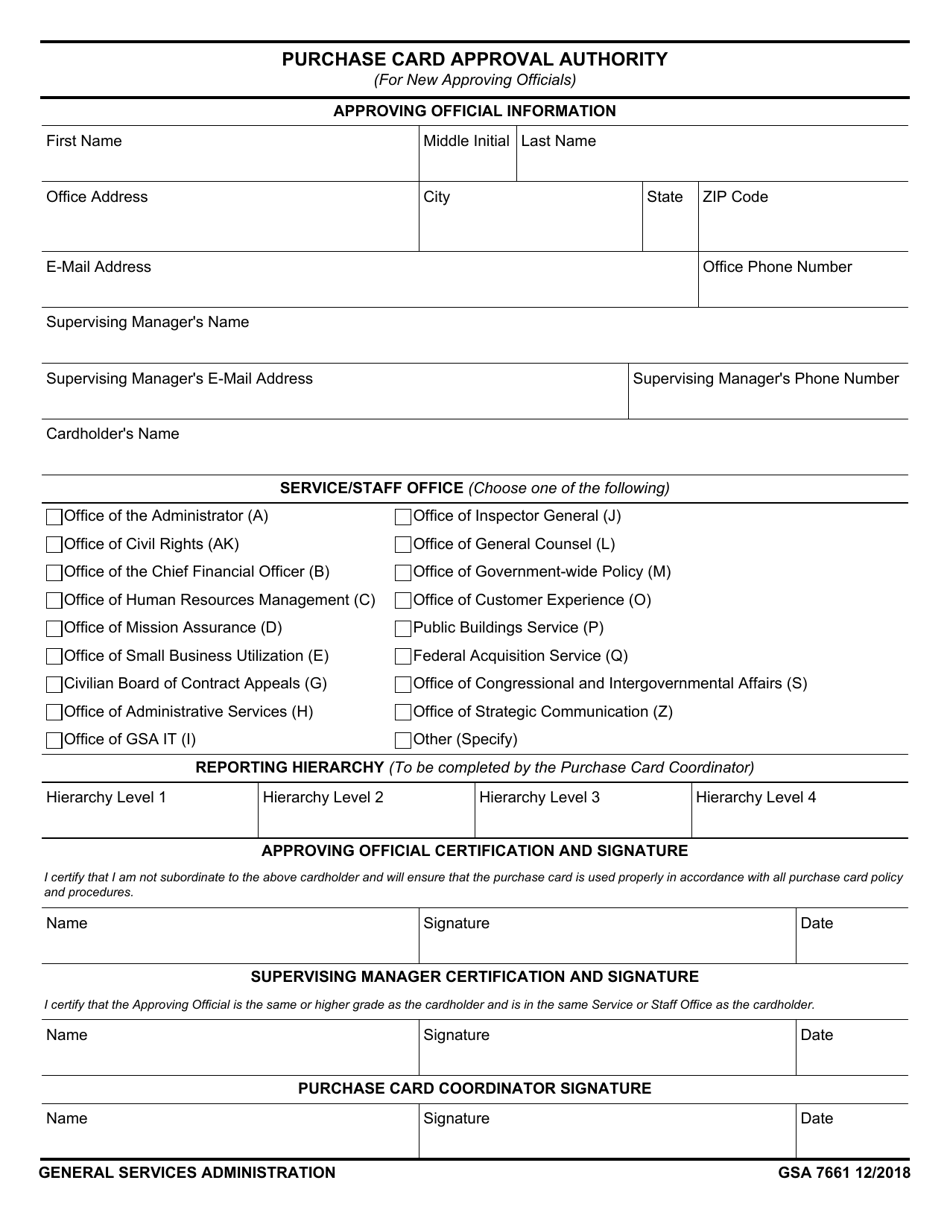 GSA Form 7661 Purchase Card Approval Authority, Page 1