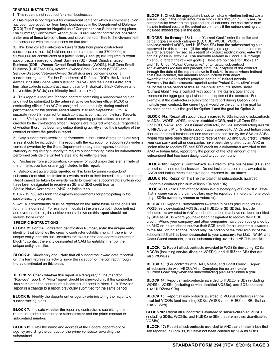 Form SF-294 Subcontracting Report for Individual Contracts, Page 3