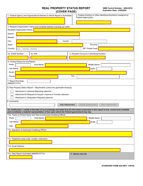 Form SF-429 Real Property Status Report (Cover Page)