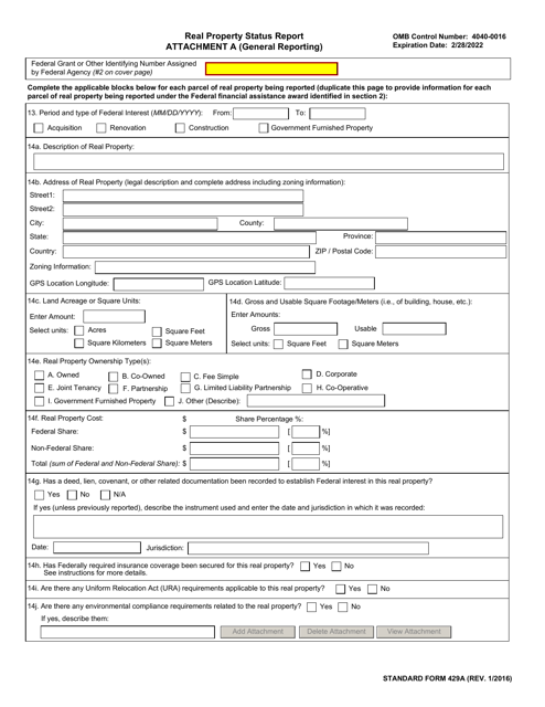 Form SF-429 Attachment A Real Property Status Report - General Reporting