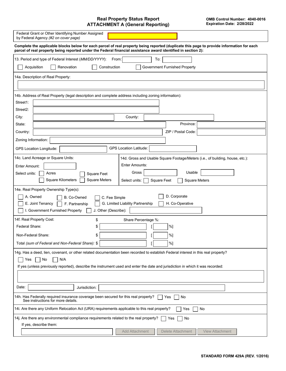Form SF-429 Attachment A Real Property Status Report - General Reporting, Page 1