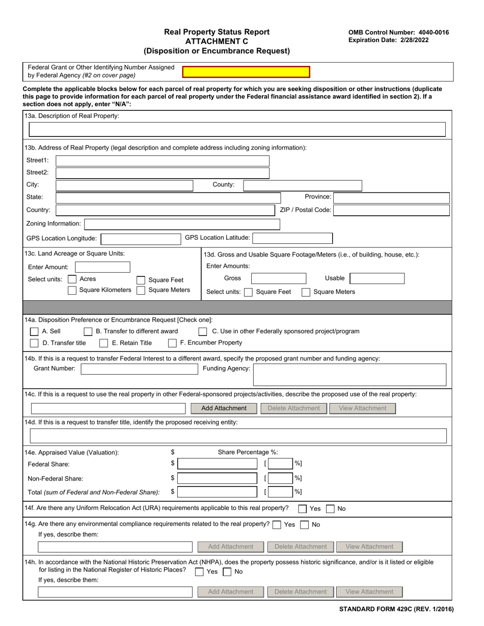 Form SF-429 Attachment C Real Property Status Report - Disposition or Encumbrance Request, Page 1