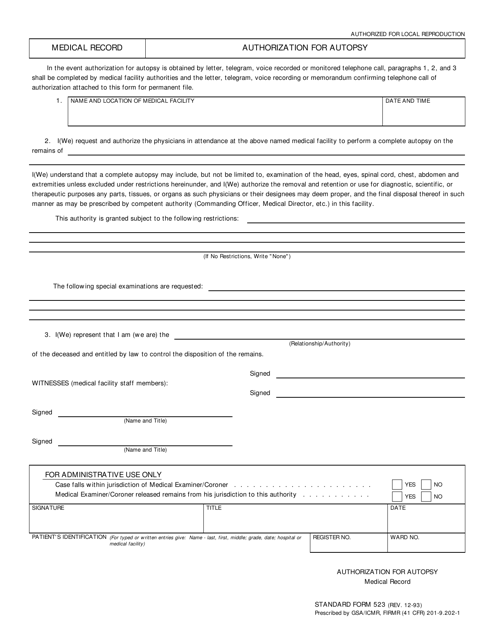 Form SF-523 Medical Record - Authorization for Autopsy