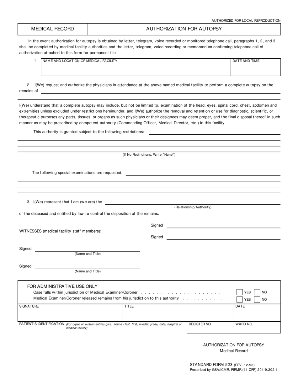Form SF-523 Medical Record - Authorization for Autopsy, Page 1