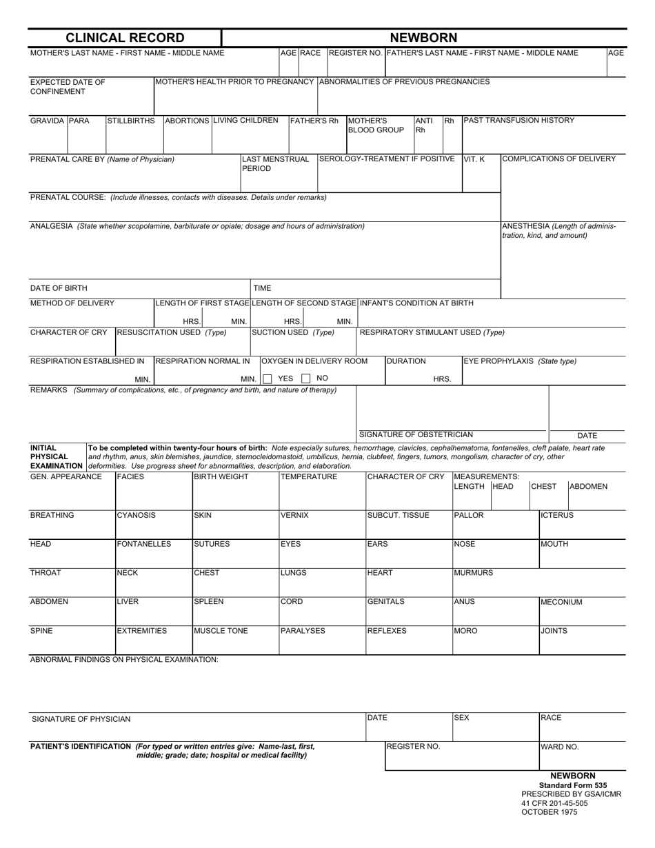 Form SF-535 Clinical Record - Newborn, Page 1