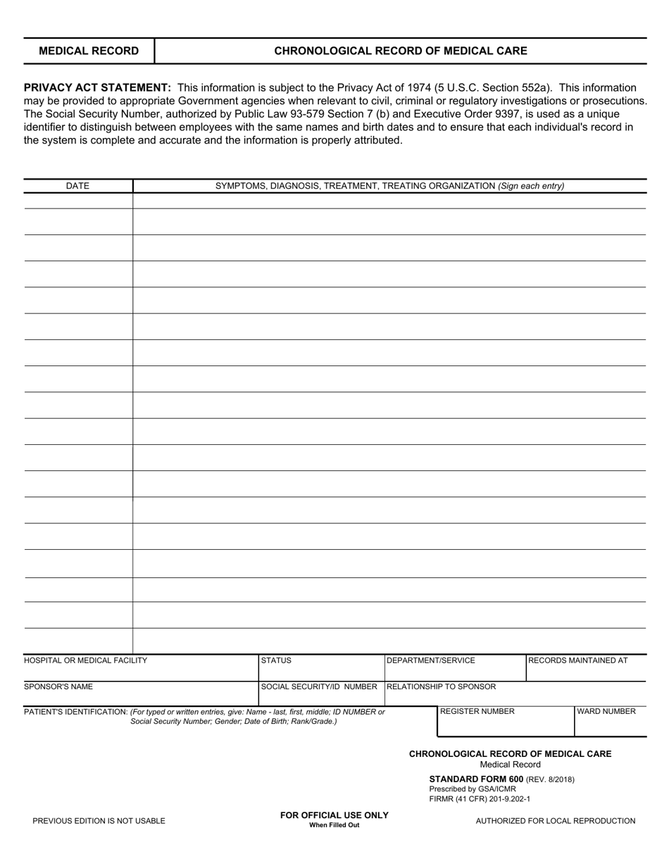 Form SF-600 Chronological Record of Medical Care, Page 1