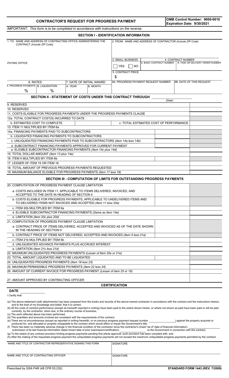 Form SF-1443 Contractor's Request for Progress Payment, Page 1