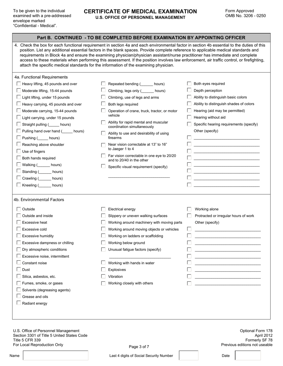 OPM Optional Form 178 Download Fillable PDF or Fill Online Certificate ...