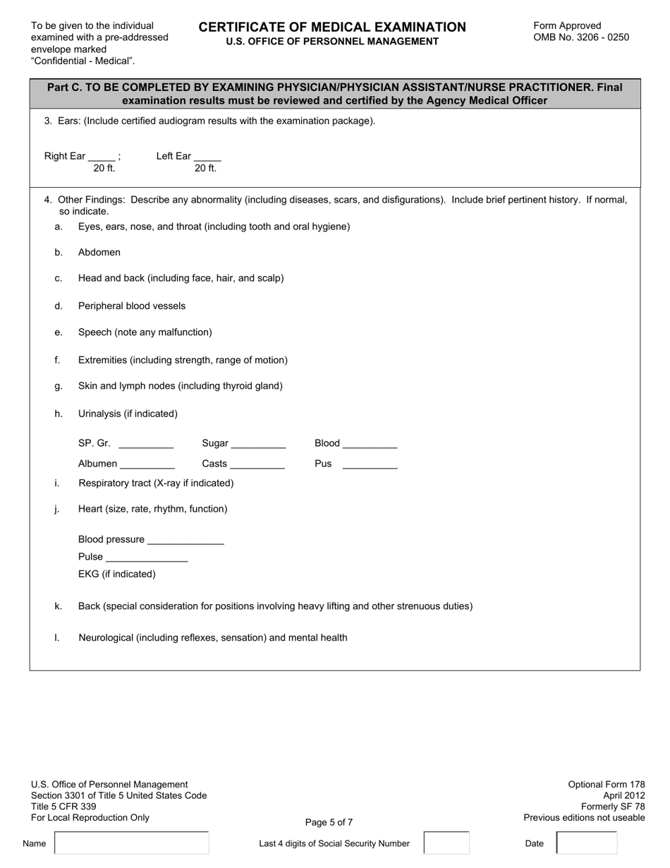 OPM Optional Form 178 Certificate of Medical Examination, Page 5
