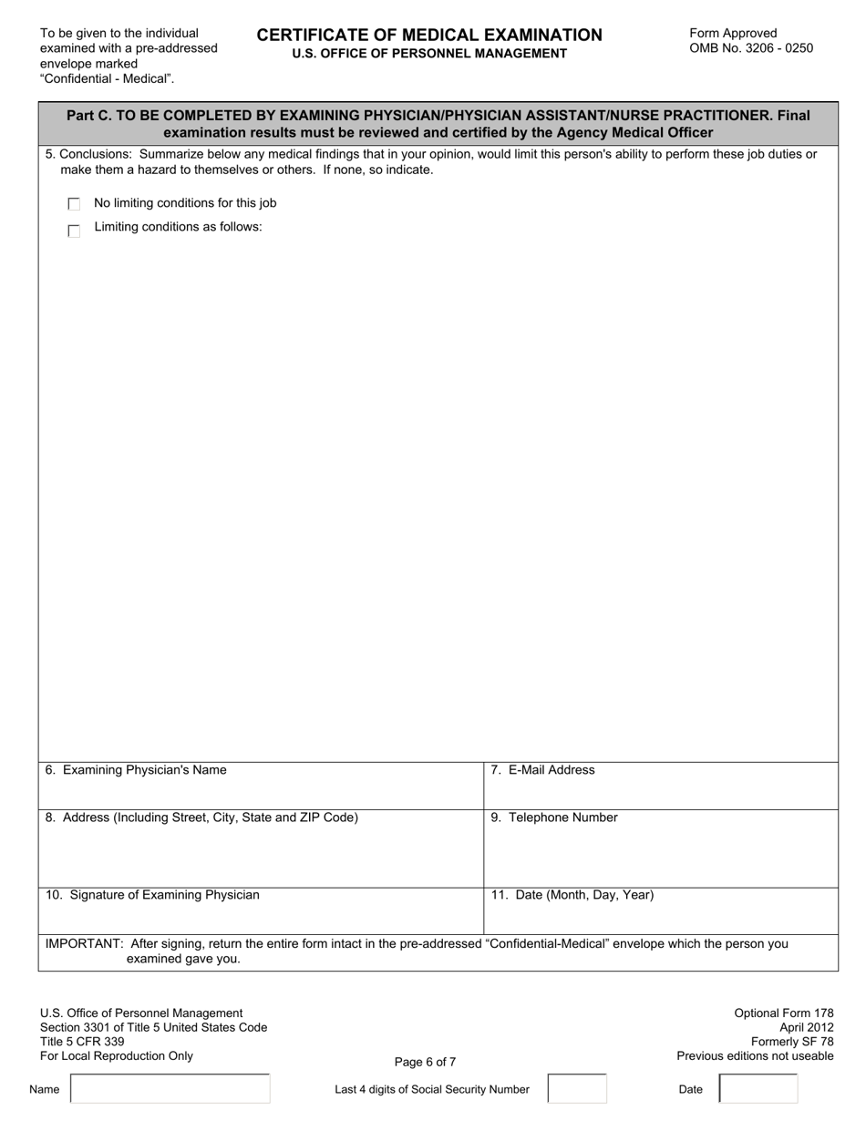 OPM Optional Form 178 Certificate of Medical Examination, Page 6