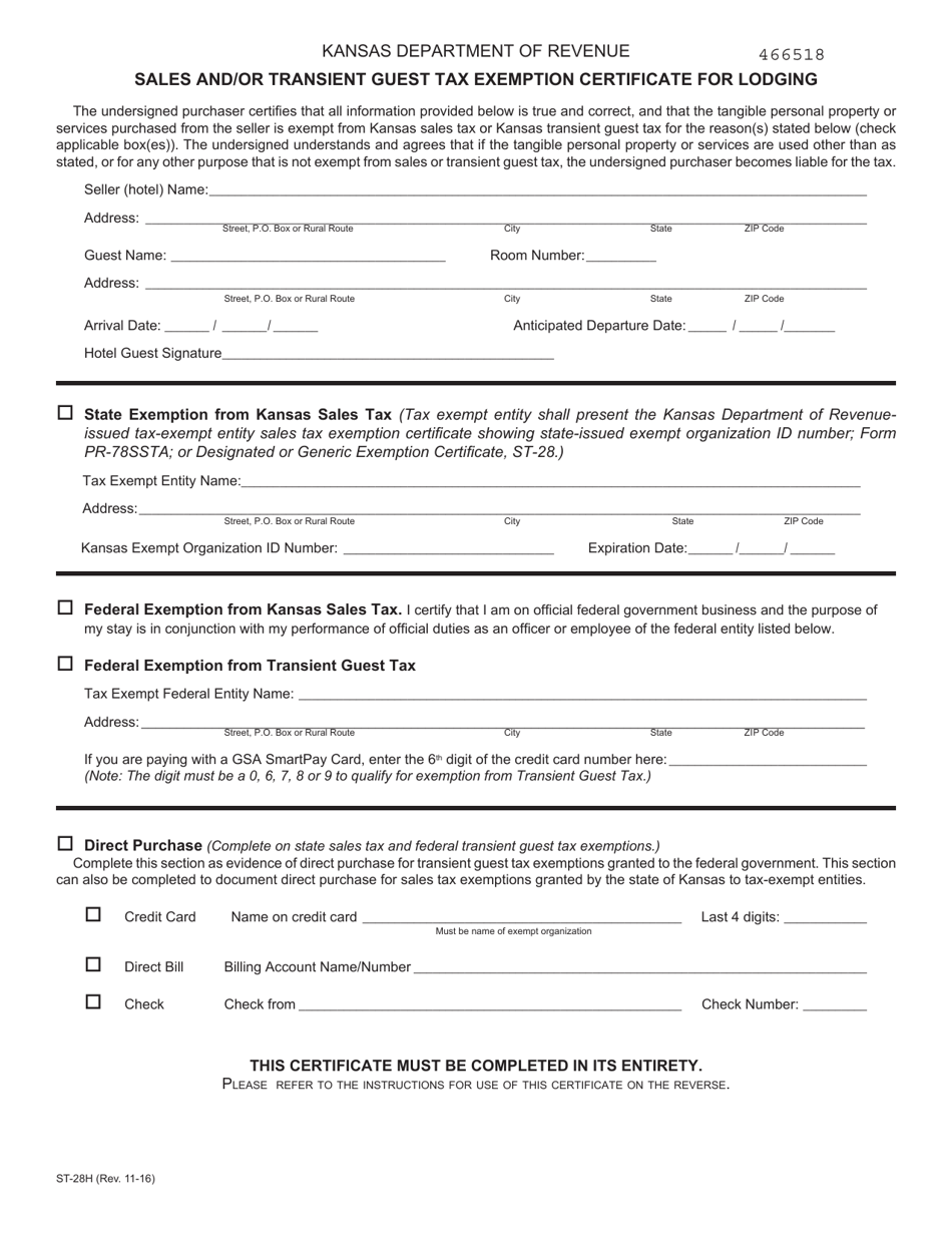 Form ST-28H Sales and / or Transient Guest Tax Exemption Certificate for Lodging - Kansas, Page 1