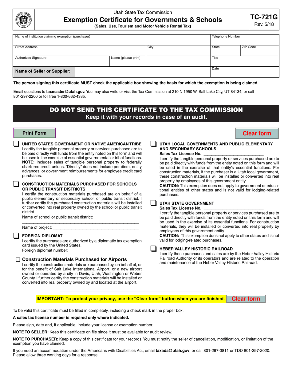 Form TC-721G Exemption Certificate for Governments  Schools (Sales, Use, Tourism and Motor Vehicle Rental Tax) - Utah, Page 1