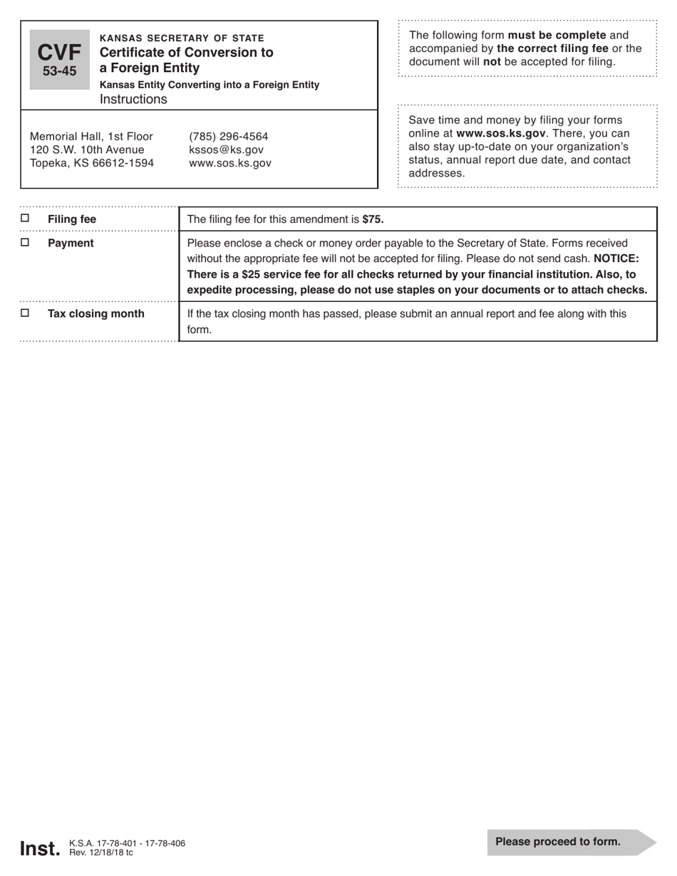 Form CVF53-45 Certificate of Conversion to a Foreign Entity - Kansas, Page 1