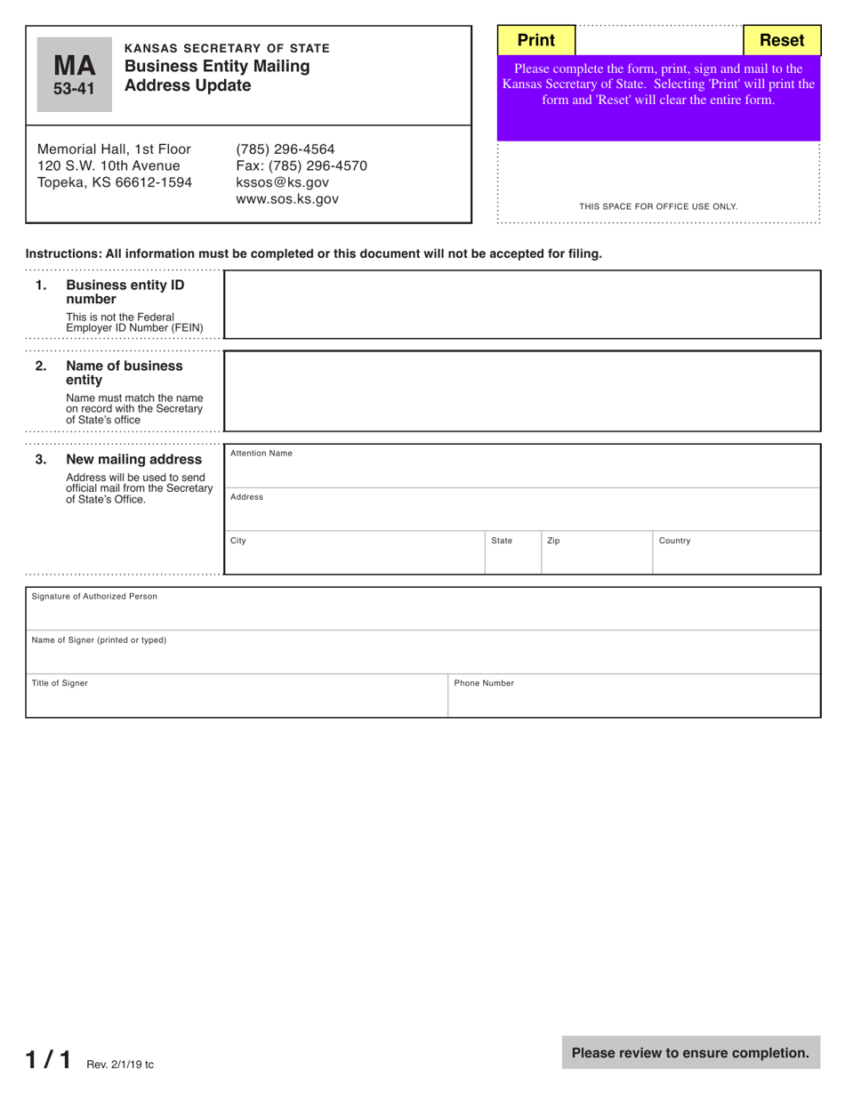Form MA53-41 Business Entity Mailing Address Update - Kansas, Page 2