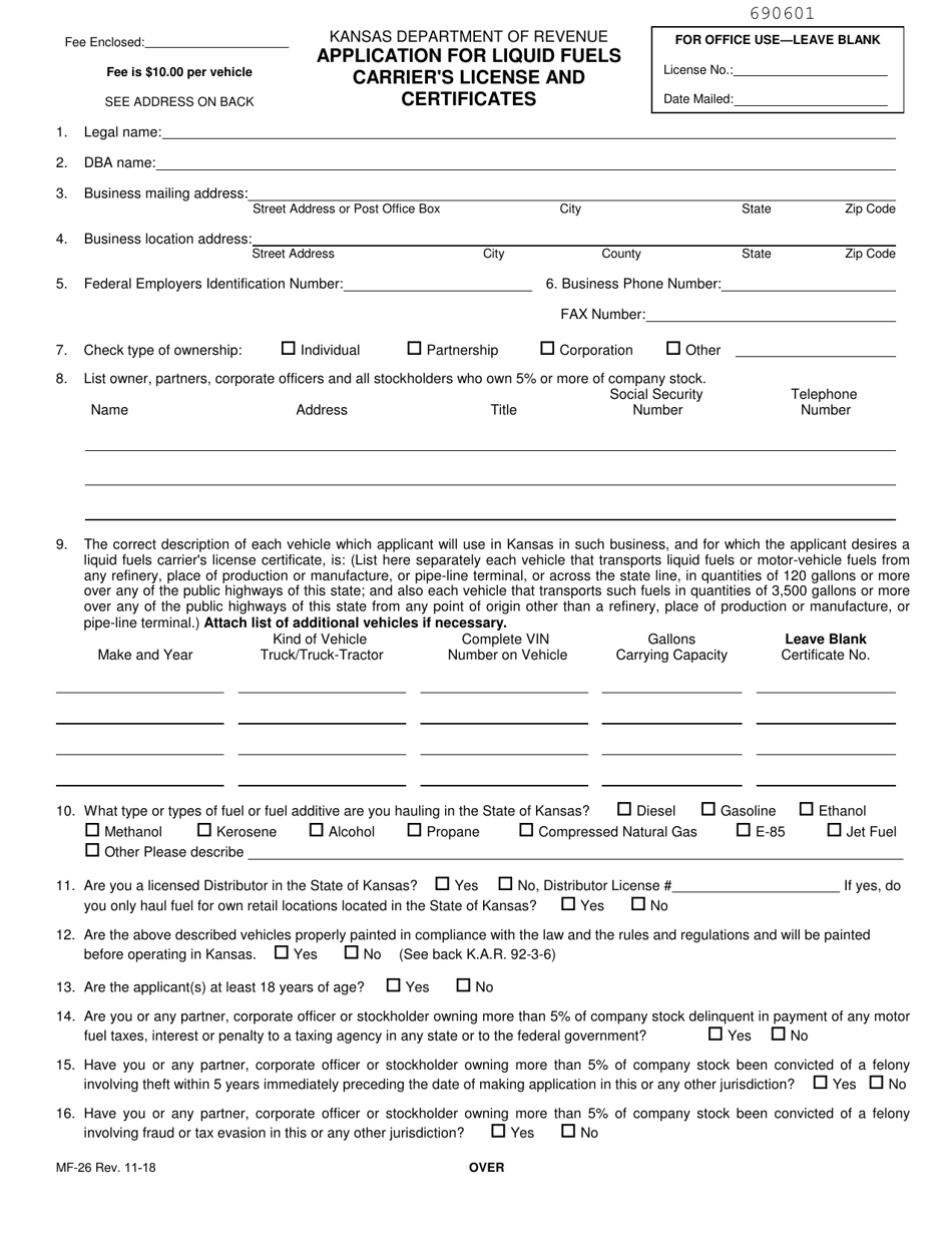 Form MF-26 Application for Liquid Fuels Carriers License and Certificates - Kansas, Page 1