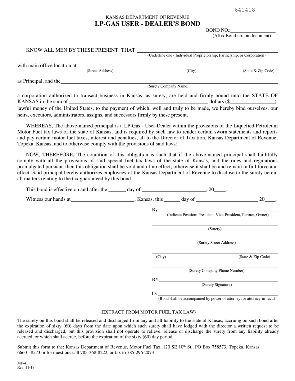 Form MF-41 Lp-Gas User - Dealers Bond - Kansas, Page 1