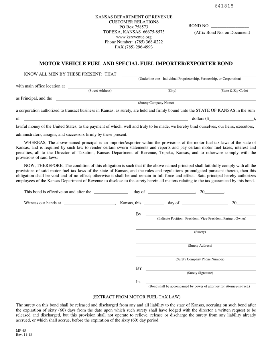 Form MF-45 Motor Vehicle Fuel and Special Fuel Importer / Exporter Bond - Kansas, Page 1