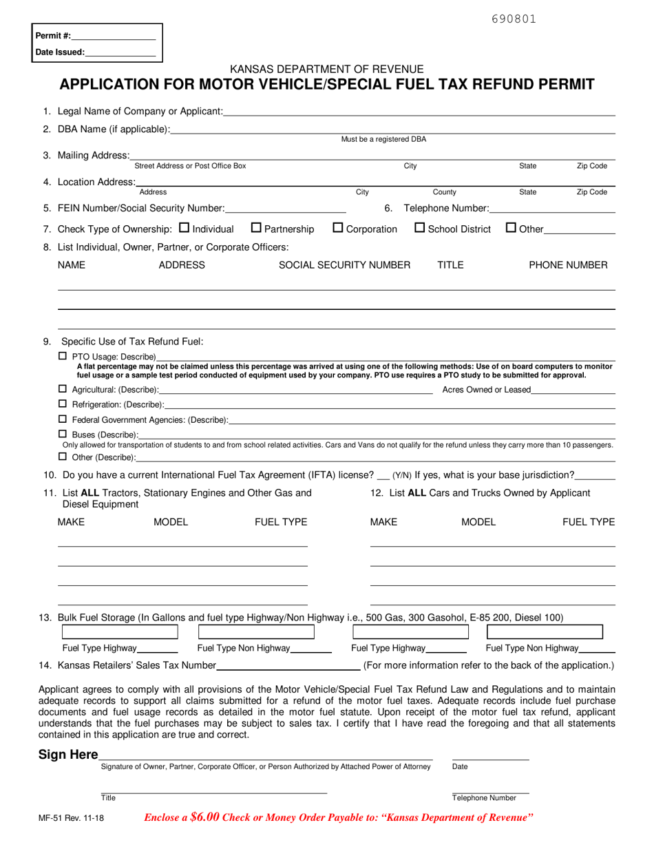 Form MF-51 Application for Motor Vehicle/Special Fuel Tax Refund Permit - Kansas, Page 1