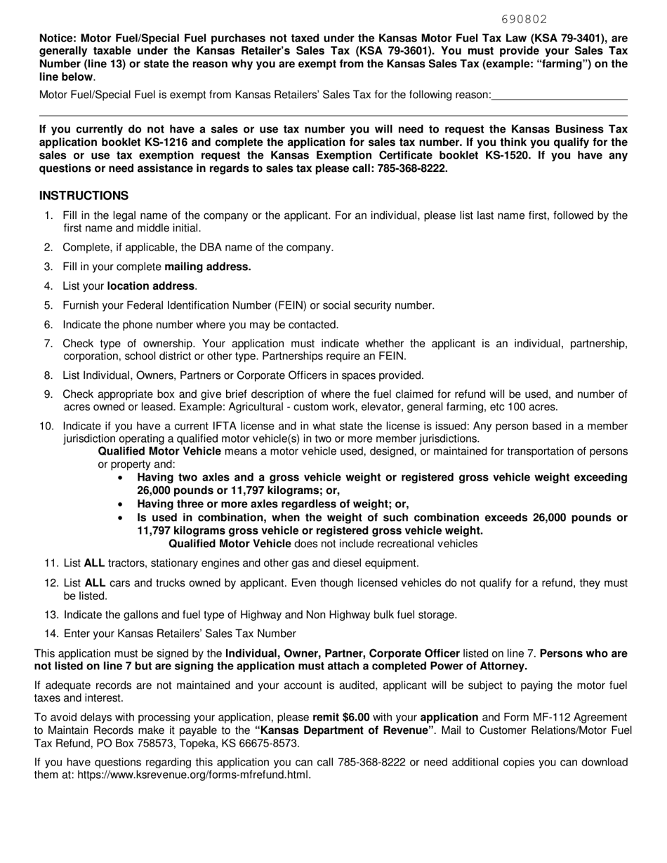 Form MF-51 Application for Motor Vehicle / Special Fuel Tax Refund Permit - Kansas, Page 2