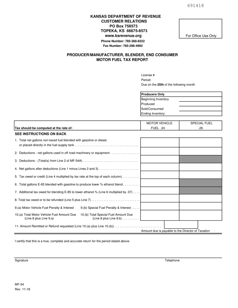 Form MF-54 Producer / Manufacturer, Blender, End Consumer Motor Fuel Tax Report - Kansas, Page 1