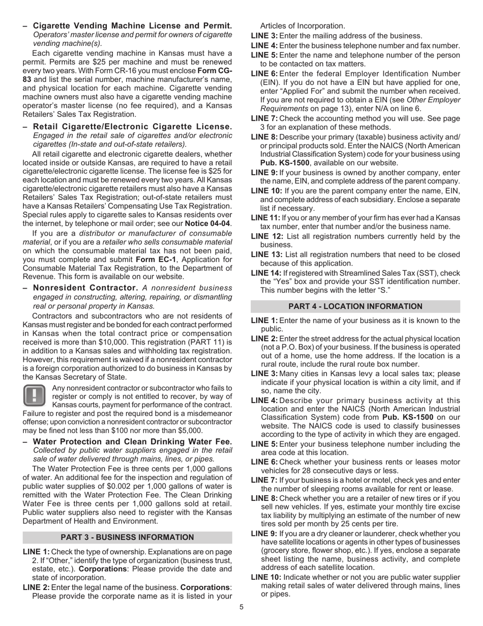 Form CR-1216 Kansas Business Tax Application Packet - Kansas, Page 5