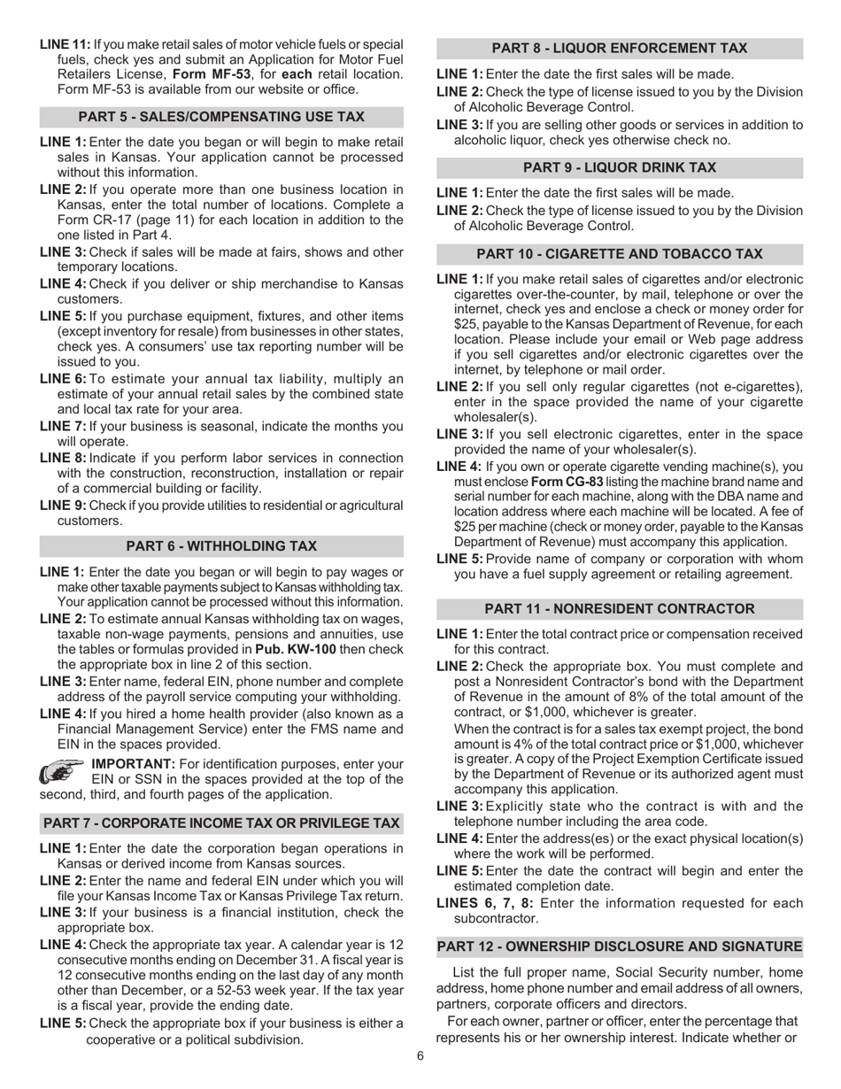Form CR-1216 Kansas Business Tax Application Packet - Kansas, Page 6