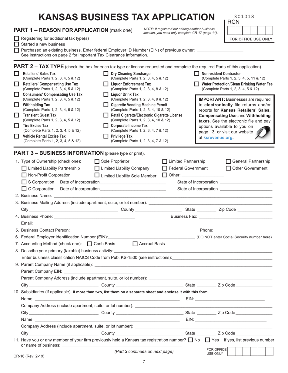Form CR-1216 Kansas Business Tax Application Packet - Kansas, Page 7
