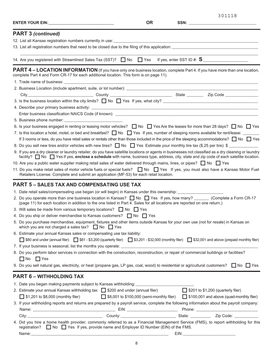 Form CR-1216 Kansas Business Tax Application Packet - Kansas, Page 8
