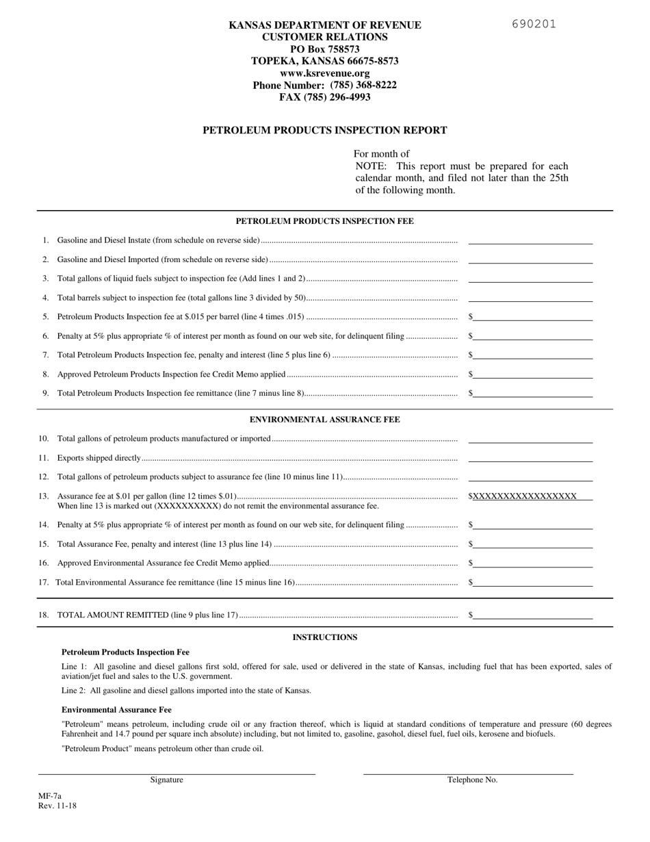 Form MF-7A Petroleum Products Inspection Reports Without Assurance - Kansas, Page 1
