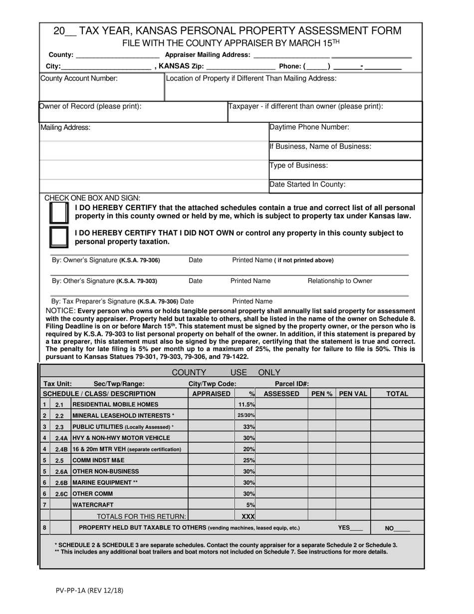 Form PV-PP-1A Personal Property Assessment Form - Kansas, Page 1
