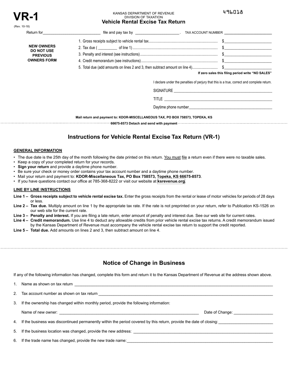 Form VR1 Download Fillable PDF or Fill Online Vehicle Rental Excise Tax Return Kansas