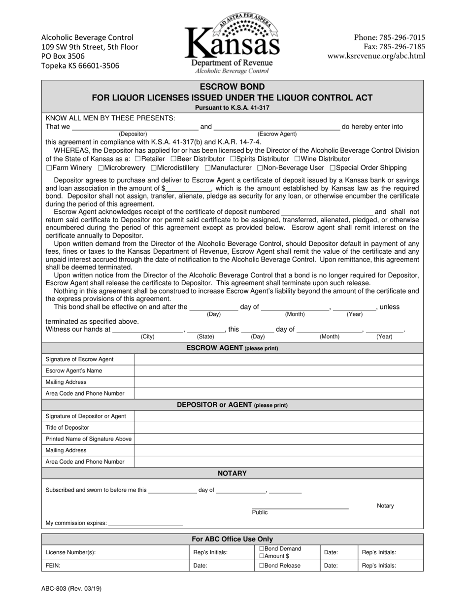 Form ABC803 Download Fillable PDF or Fill Online Escrow Bond for