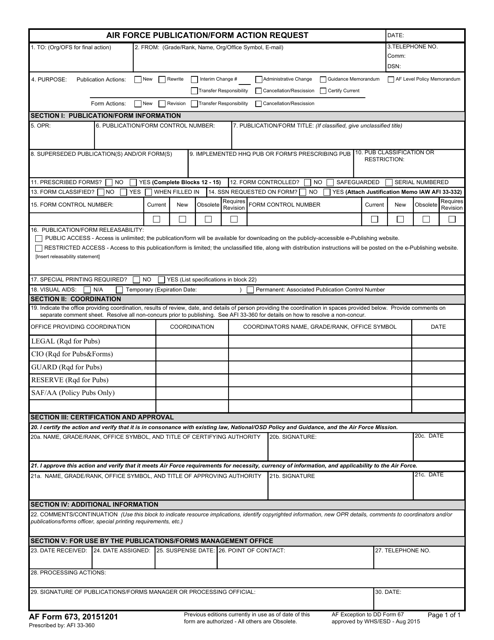AF Form 673 Air Force Publication/Form Action Request