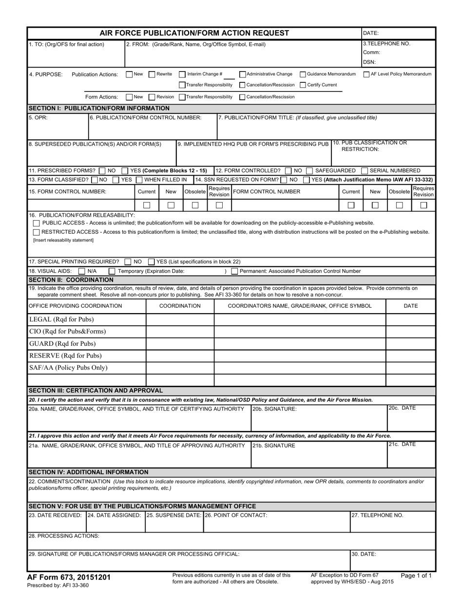 AF Form 673 Air Force Publication / Form Action Request, Page 1