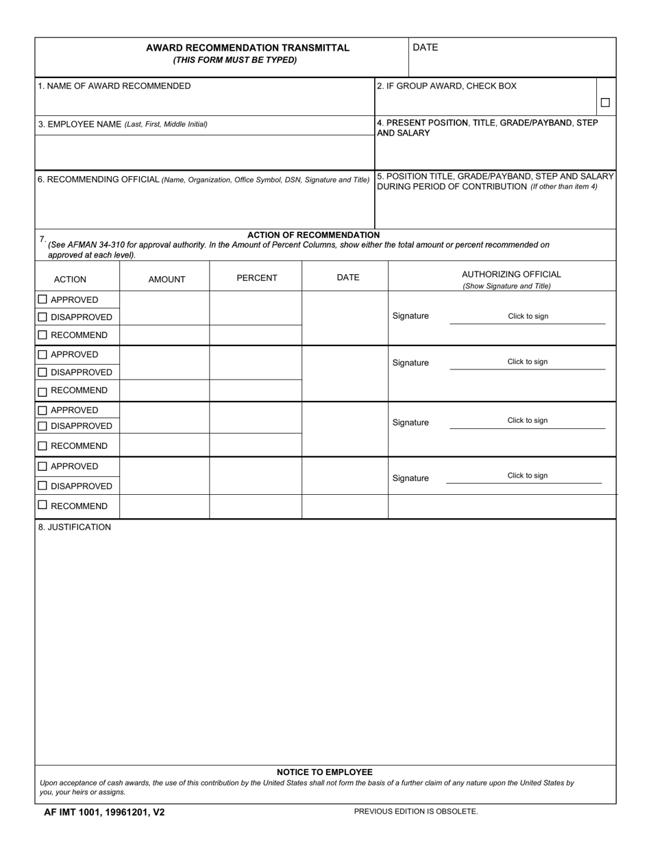AF IMT Form 1001 Award Recommendation Transmittal, Page 1